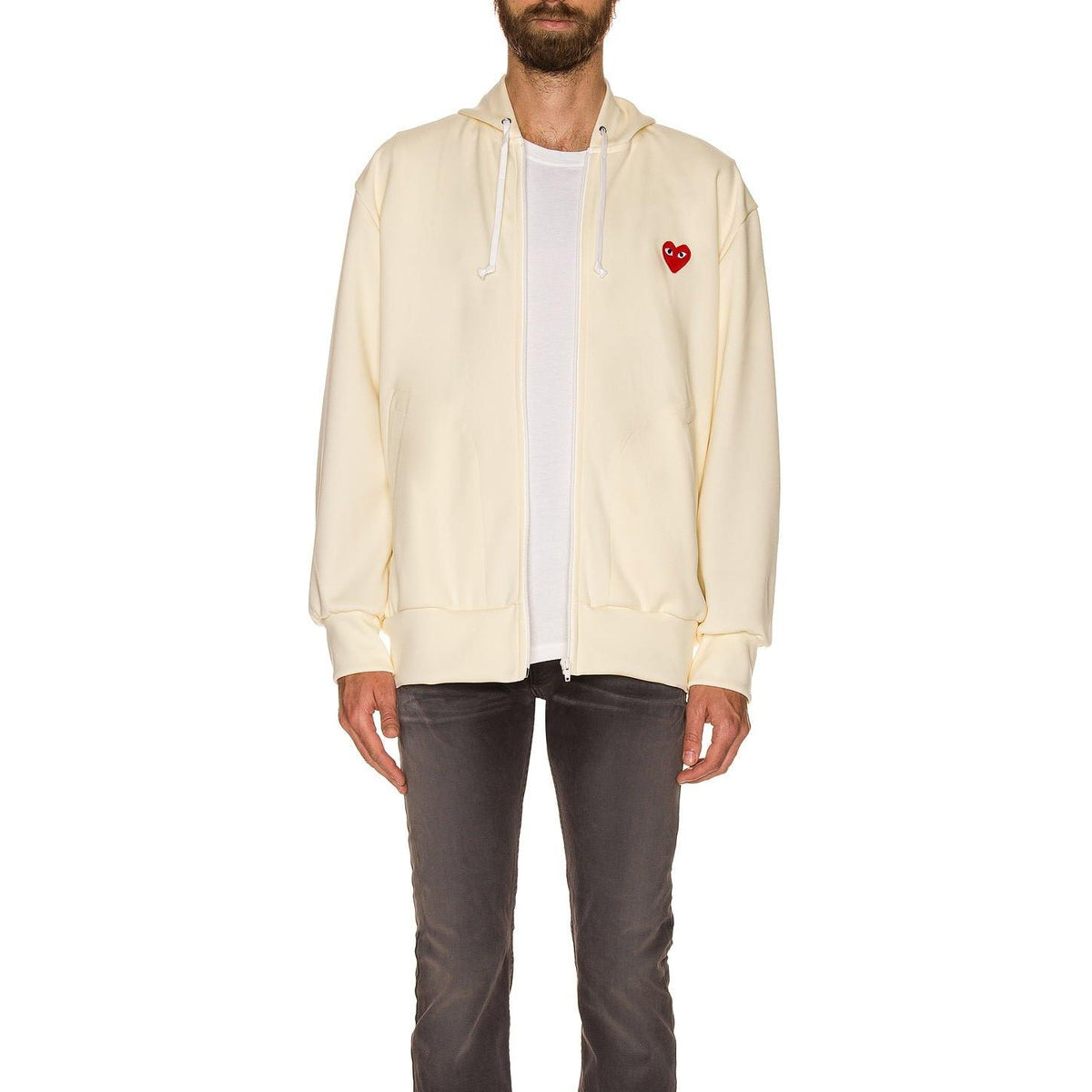 Comme des Garcons PLAY Zip Poly Hoodie With Red Emblem Ivory - Im Your Wardrobe