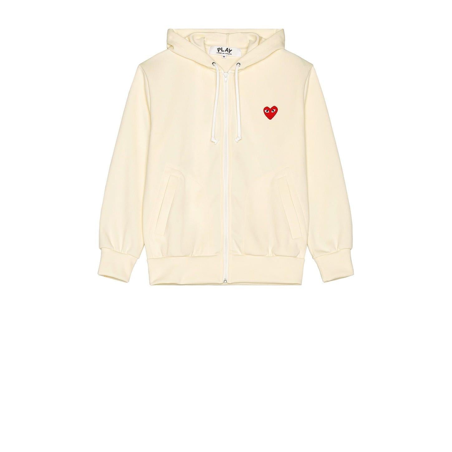Comme des Garcons PLAY Zip Poly Hoodie With Red Emblem Ivory - Im Your Wardrobe