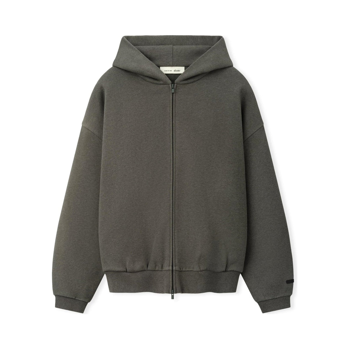 Fear of God Essentials Embossed FW26 90s Relaxed Zip-Up Hoodie Warm Heather - Im Your Wardrobe