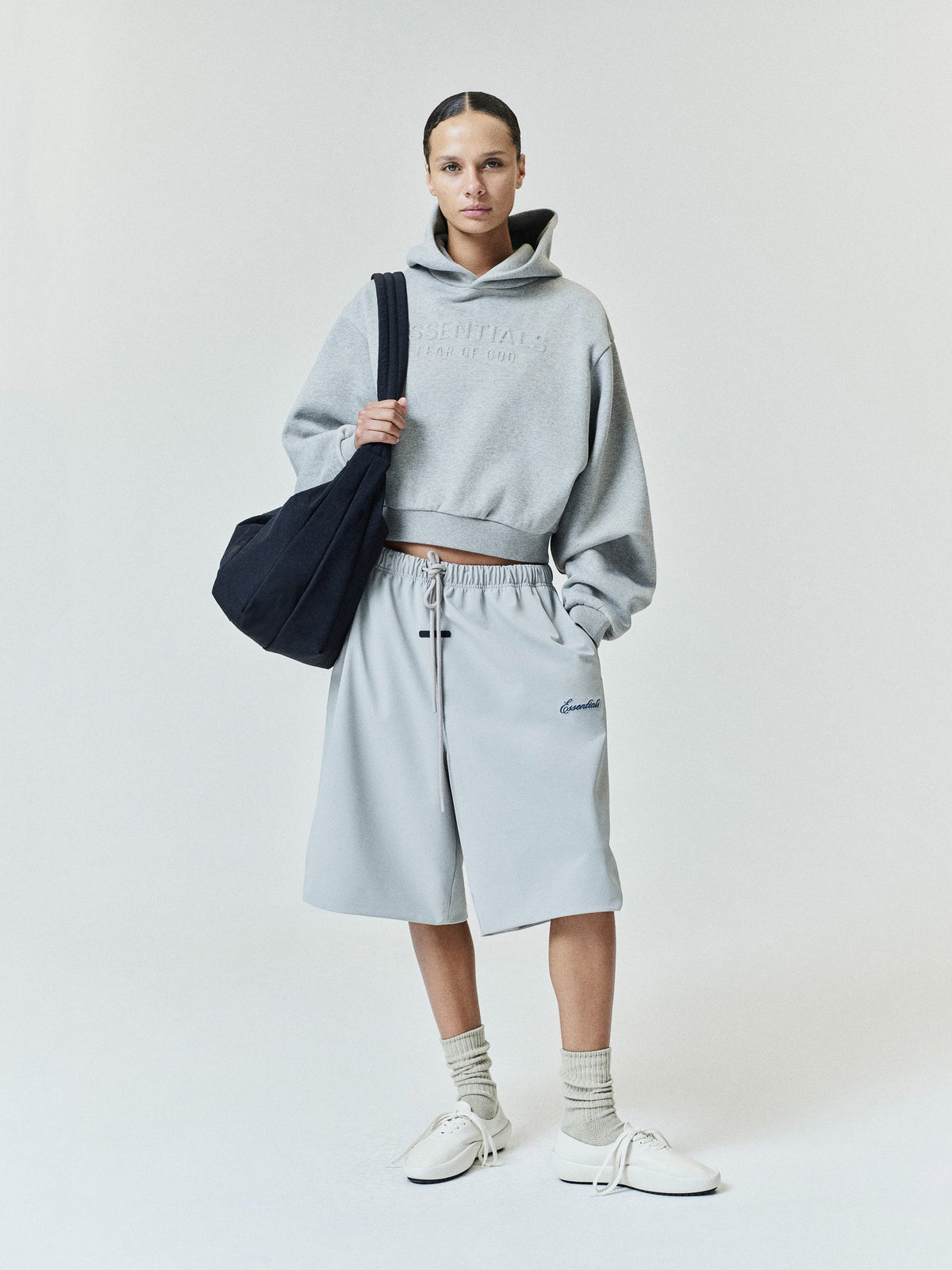 Fear of God Essentials Women's Embossed Modern Cropped Hoodie Warm Heather - Im Your Wardrobe