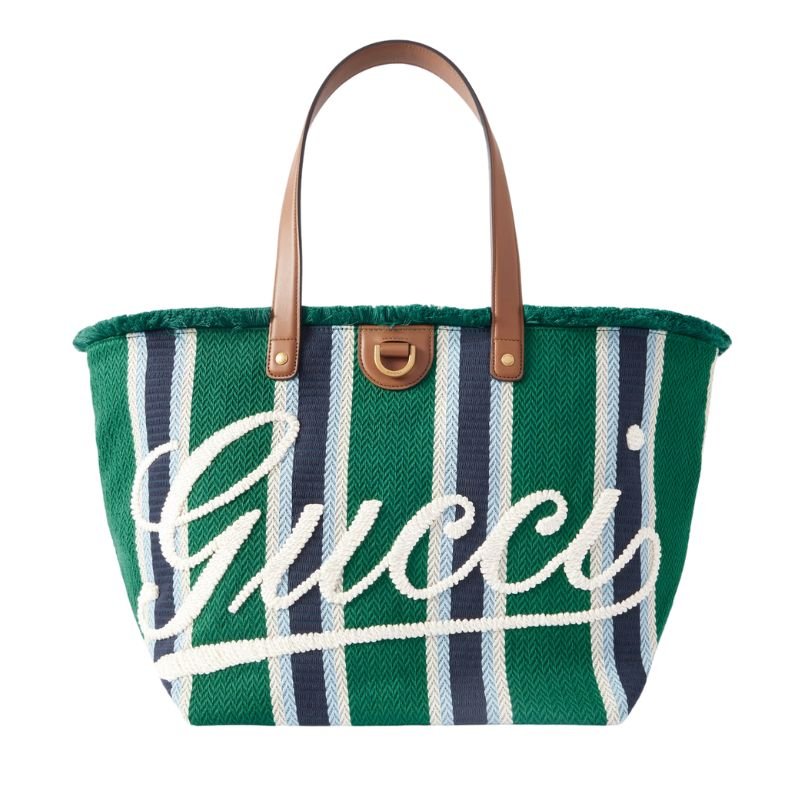 Gucci Logo - Embroidered Leather - Trimmed Striped Woven Tote Bag - Im Your Wardrobe