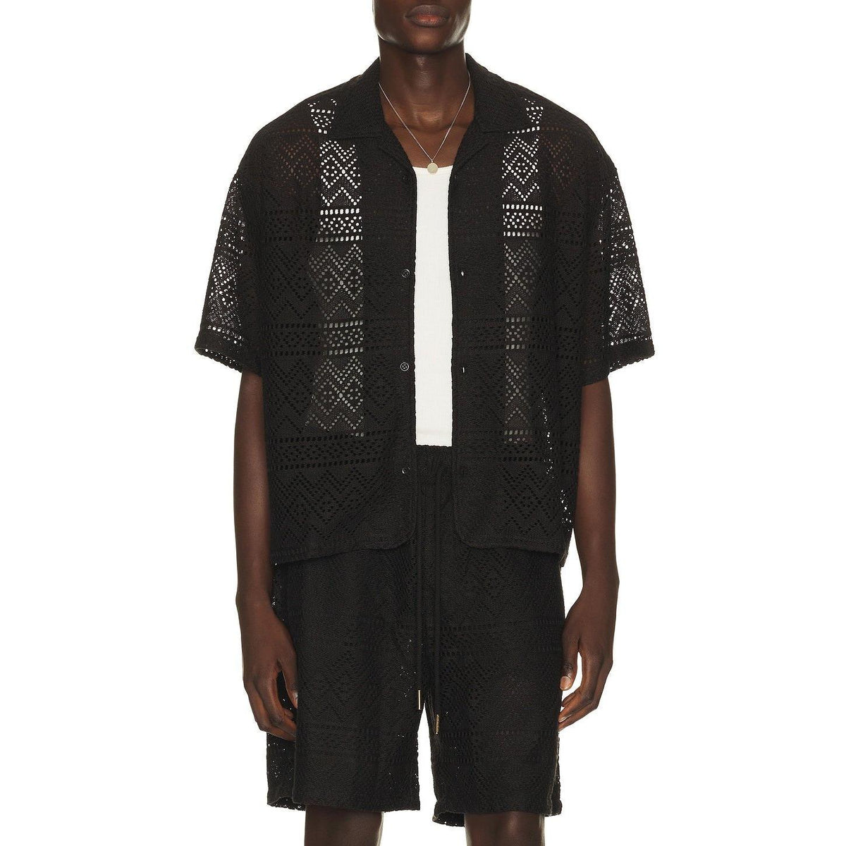 Honor The Gift Pointelle Crochet Camp Collar Shirt Black - Im Your Wardrobe