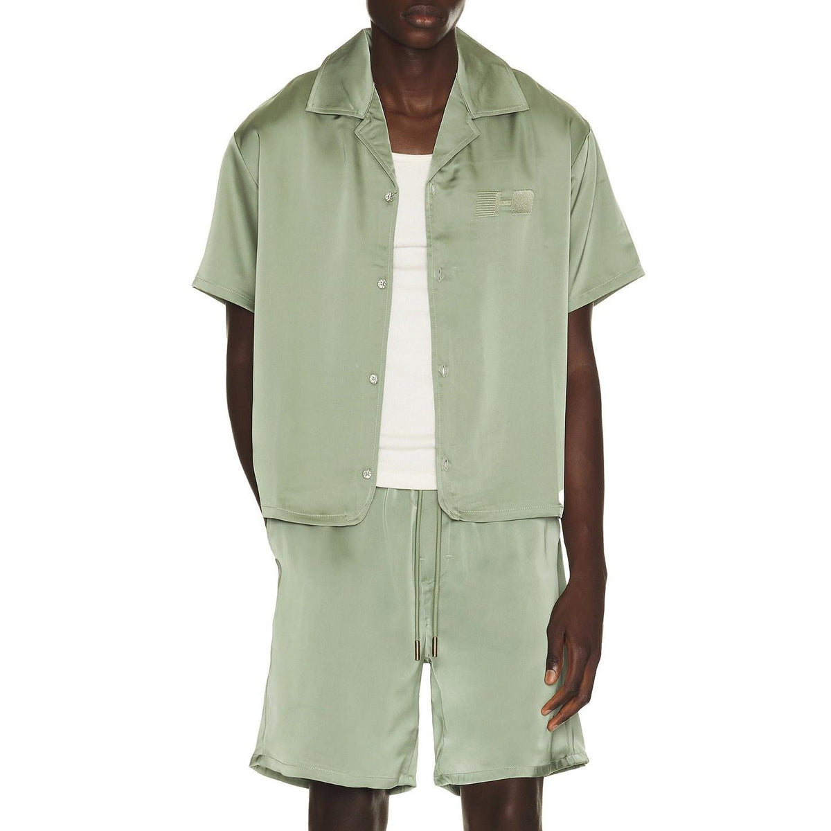Honor The Gift Satin Chest Logo Camp Collar Shirt Sage - Im Your Wardrobe