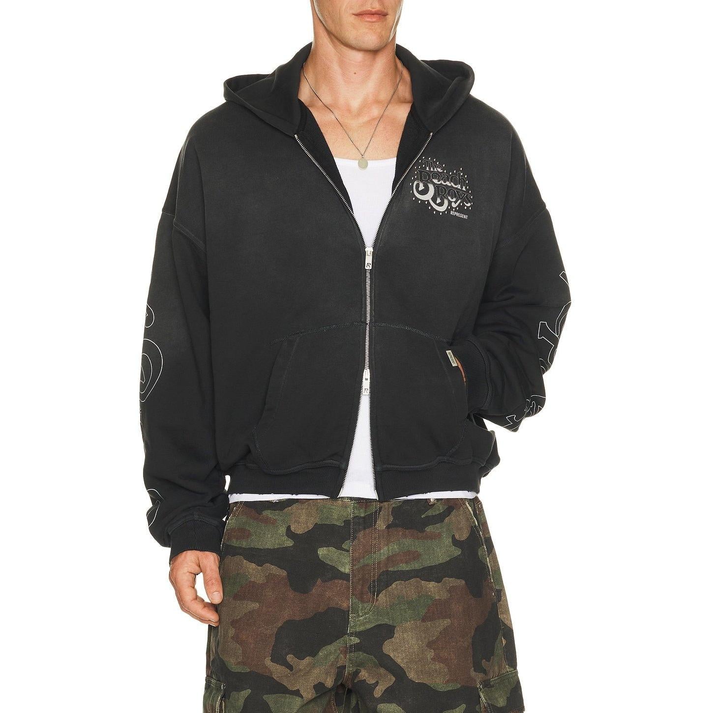 Represent x Beach Boys Endless Summer Zip Through Hoodie Stained Black - Im Your Wardrobe