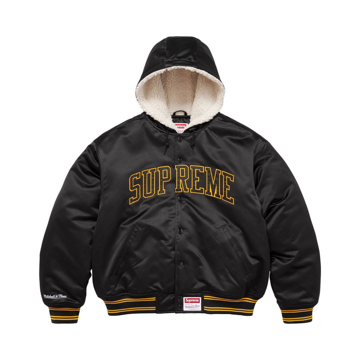 Supreme Mitchell & Ness Lined Hooded Satin Varsity Jacket Black - Im Your Wardrobe
