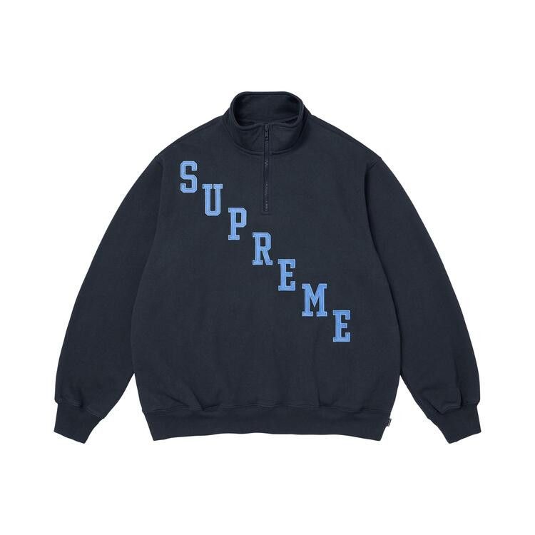 Supreme Slant Appliqué Half Zip Pullover Navy - Im Your Wardrobe