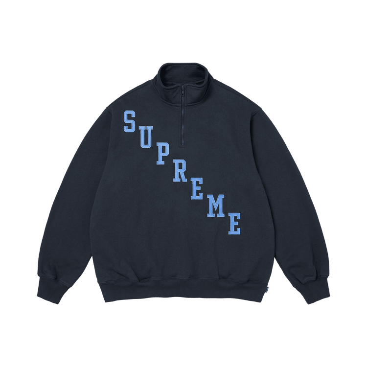 Supreme Slant Appliqué Half Zip Pullover Navy - Im Your Wardrobe
