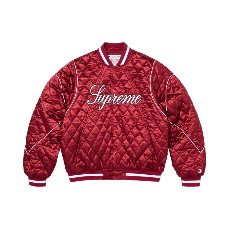 Supreme x Champion Quilted Satin Varsity Jacket Dark Red - Im Your Wardrobe